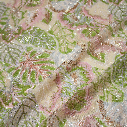 Embroidered Tulle with Full-Field Leaves, Multicolor Paillettes, and Corals