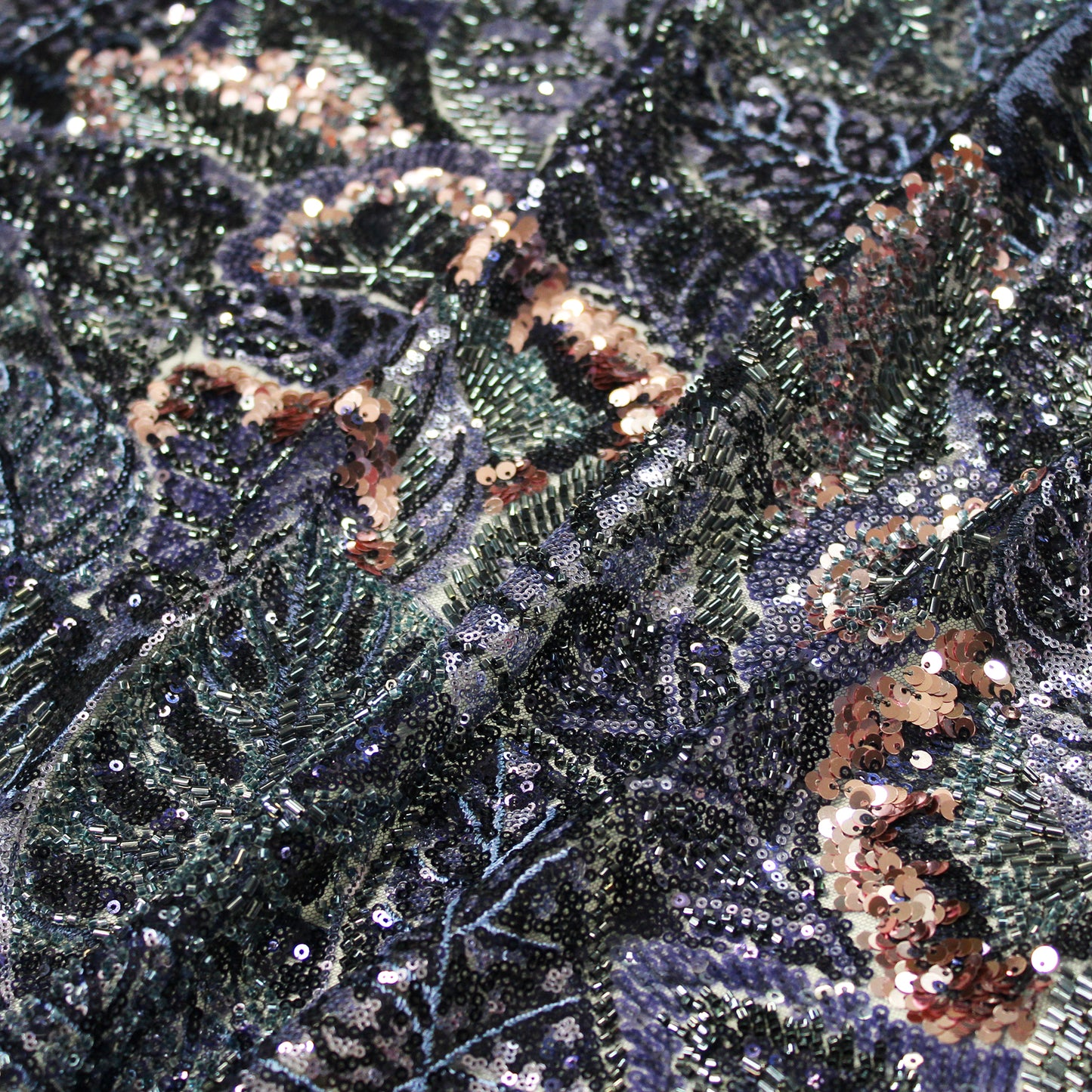 Embroidered Tulle with Full-Field Leaves, Multicolor Paillettes, and Corals