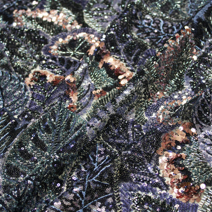 Embroidered Tulle with Full-Field Leaves, Multicolor Paillettes, and Corals