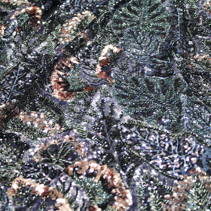 Embroidered Tulle with Full-Field Leaves, Multicolor Paillettes, and Corals
