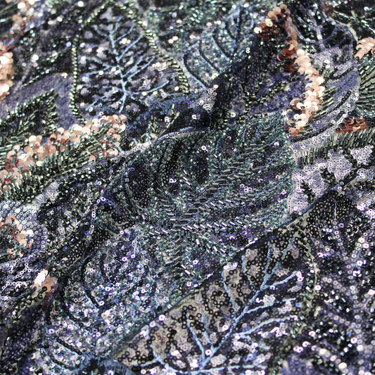 Embroidered Tulle with Full-Field Leaves, Multicolor Paillettes, and Corals