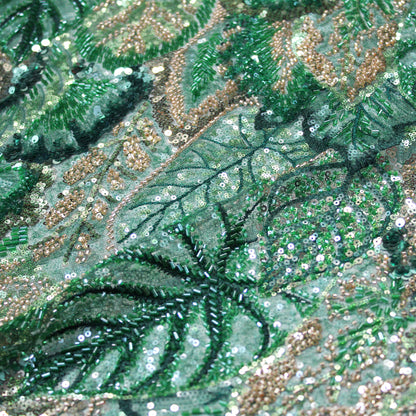 Embroidered Tulle with Full-Field Leaves, Multicolor Paillettes, and Corals