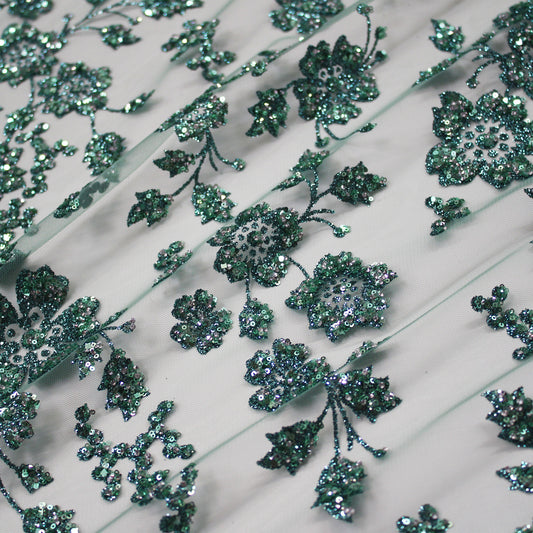 Tulle Ricamato Glitter con Fiori in Paillettes 3D