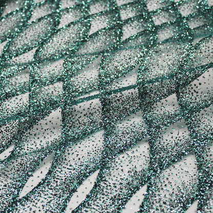 Tulle Ricamato Glitter con Intreccio di Onde Regolari e Motivo Geometrico