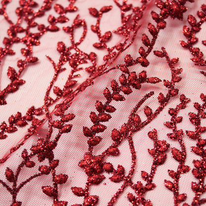 Tulle Ricamato Glitter con Motivo Ramato e Fiori Piccoli