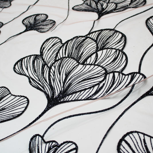 Embroidered Glitter Tulle with Large Tulips