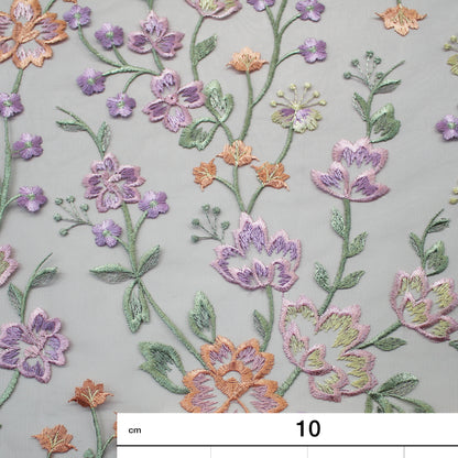 Tulle Ricamato Lavanda con Fiori Pesco in Lurex