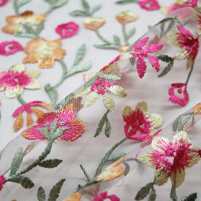 Embroidered Nude Tulle With Yellow and Fuchsia Flowers