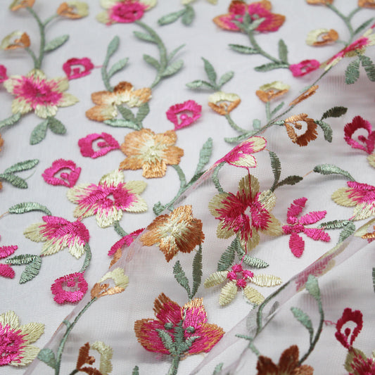 Tulle Ricamato Nude con Fiori Gialli e Fucsia