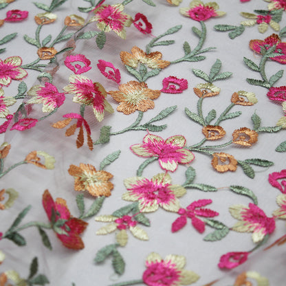 Embroidered Nude Tulle With Yellow and Fuchsia Flowers