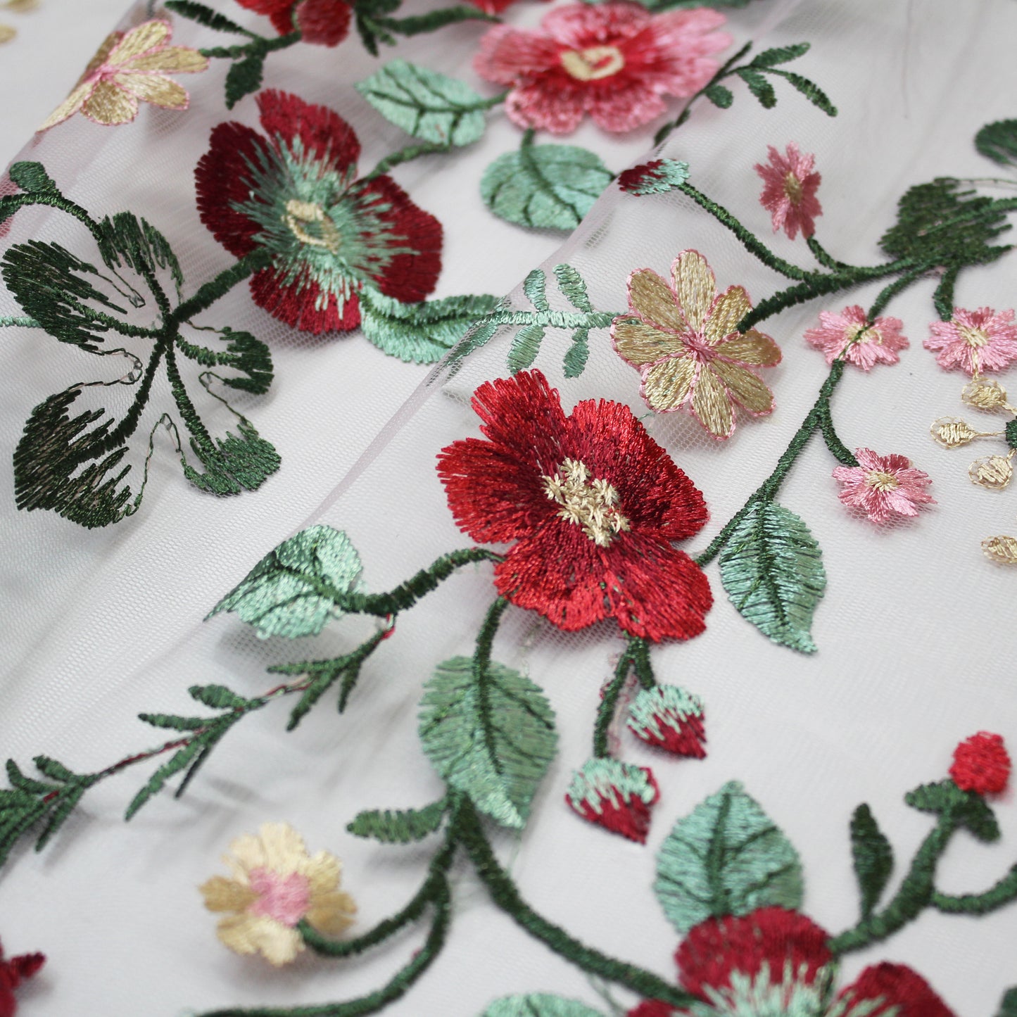Embroidered Hydrangea Tulle With Red and Pink Flowers