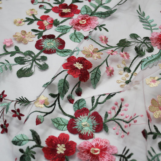 Tulle Ricamato Ortensia con Fiori Rossi e Rosa