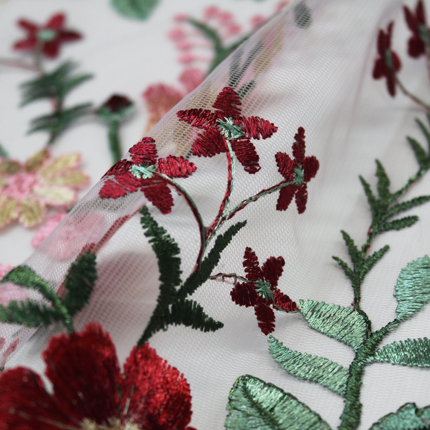 Embroidered Hydrangea Tulle With Red and Pink Flowers