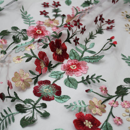 Embroidered Hydrangea Tulle With Red and Pink Flowers