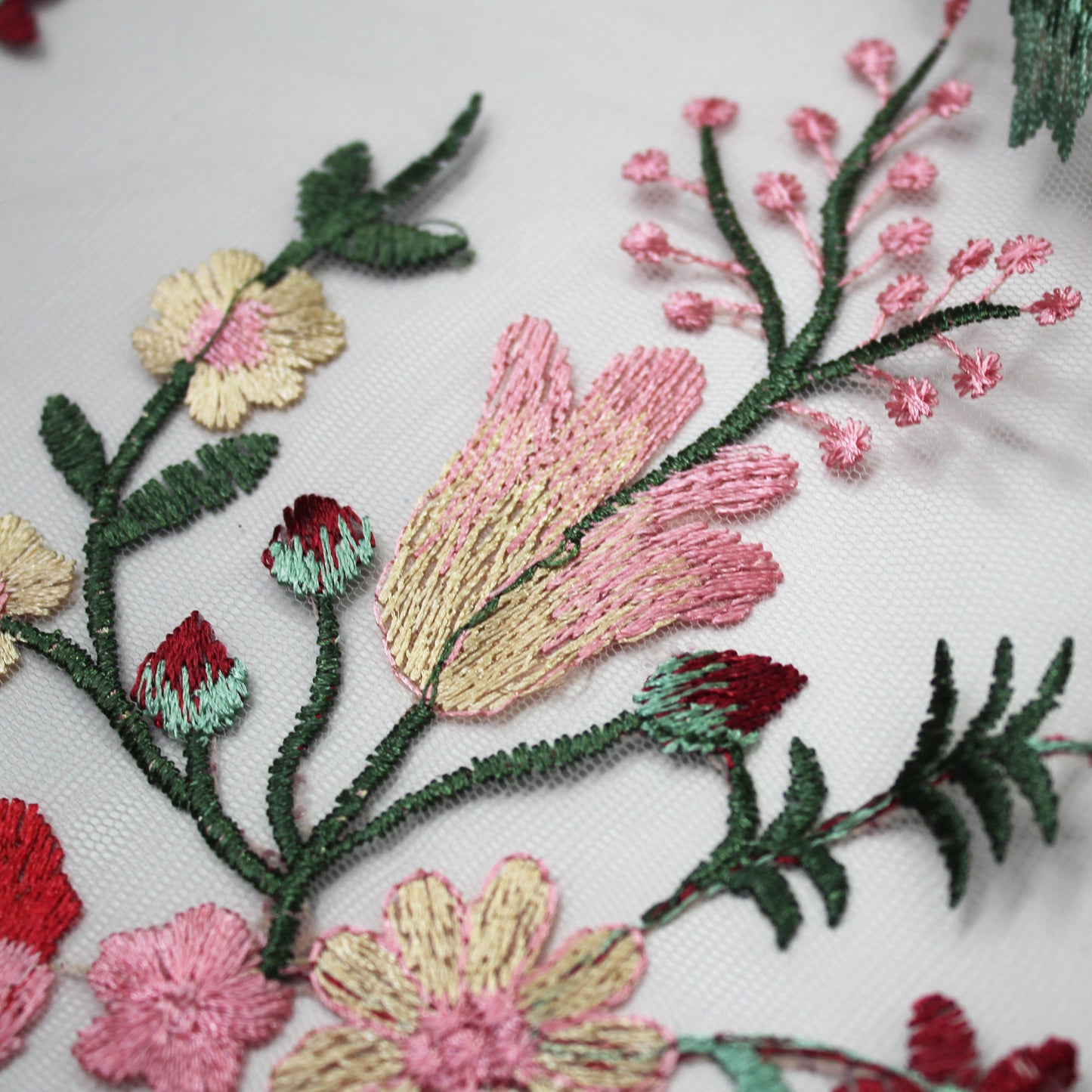Embroidered Hydrangea Tulle With Red and Pink Flowers