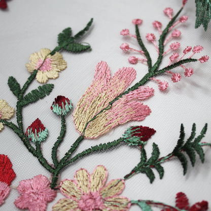 Embroidered Hydrangea Tulle With Red and Pink Flowers