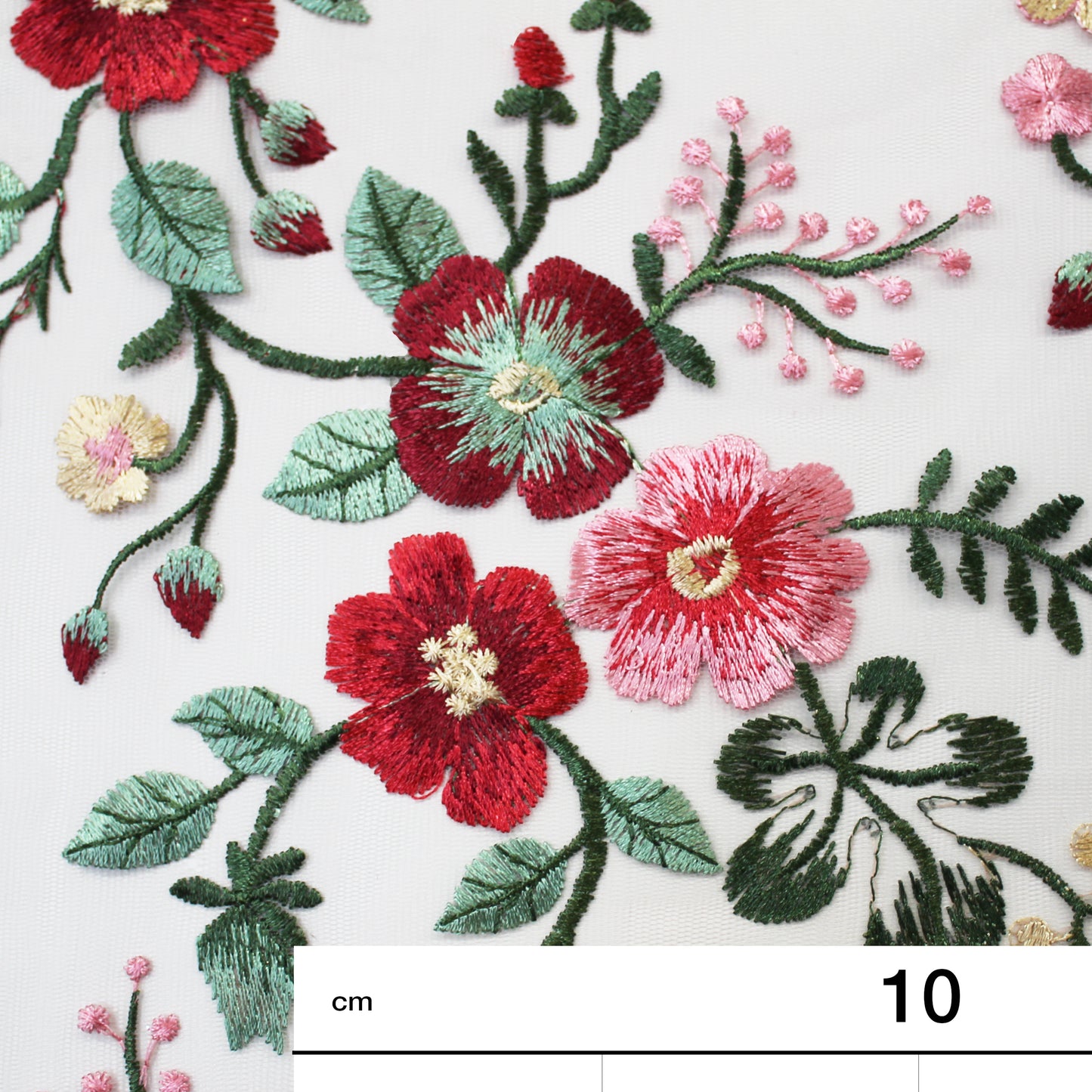 Embroidered Hydrangea Tulle With Red and Pink Flowers