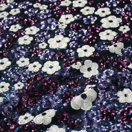 Tulle Ricamato con Paillettes a Campo Pieno e Fiori Multicolor