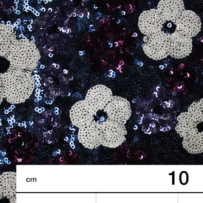 Tulle Ricamato con Paillettes a Campo Pieno e Fiori Multicolor