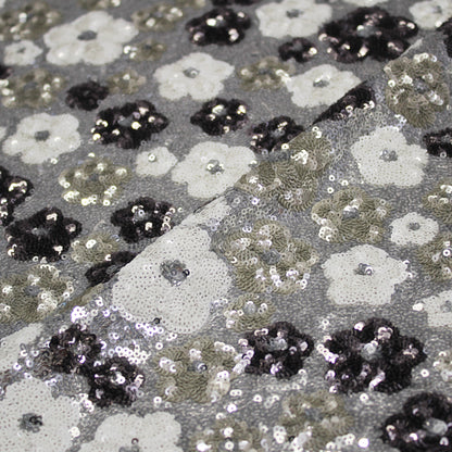 Tulle Ricamato con Paillettes a Campo Pieno e Fiori Multicolor