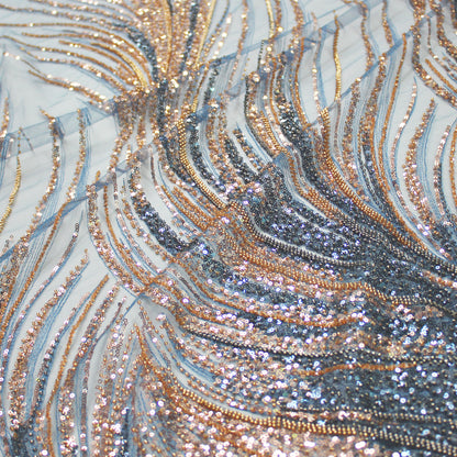 Embroidered Tulle with Paillettes and Corals, Copper Effect, Mermaid Tail