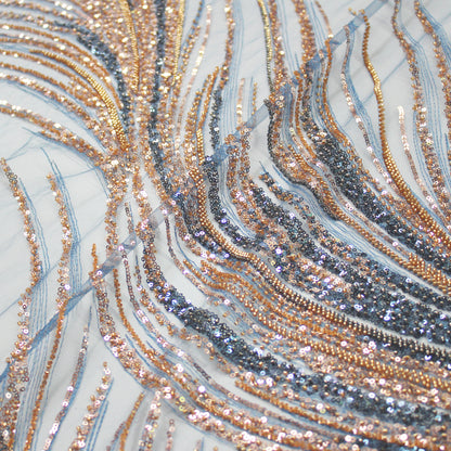 Embroidered Tulle with Paillettes and Corals, Copper Effect, Mermaid Tail