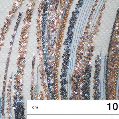Embroidered Tulle with Paillettes and Corals, Copper Effect, Mermaid Tail