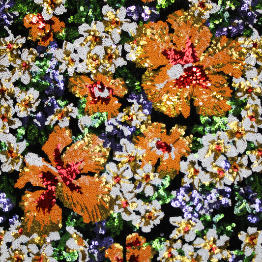 Tulle ricamato con paillettes e fiori arancio