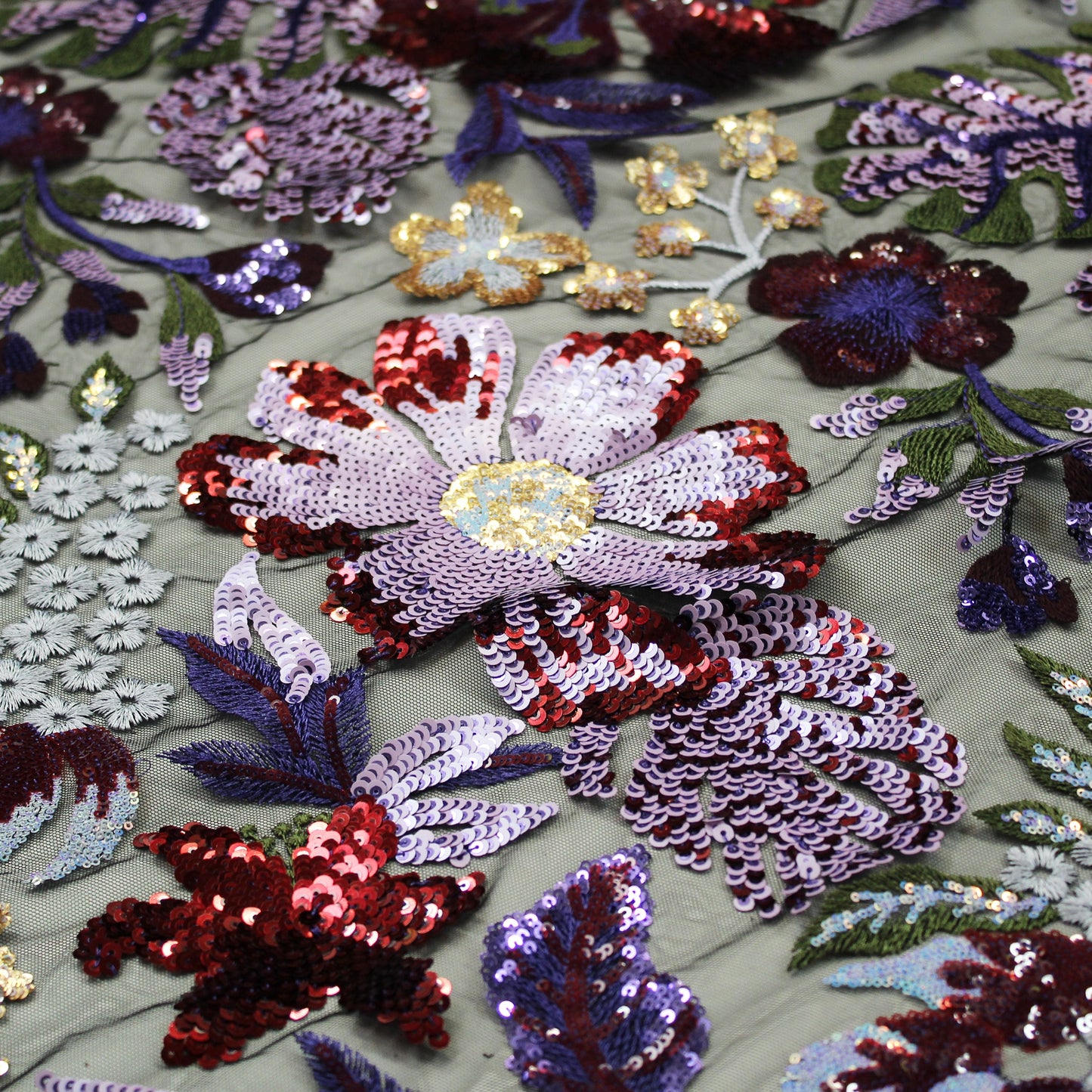 Tulle Ricamato Paillettes con Fiori e Piante Multicolor