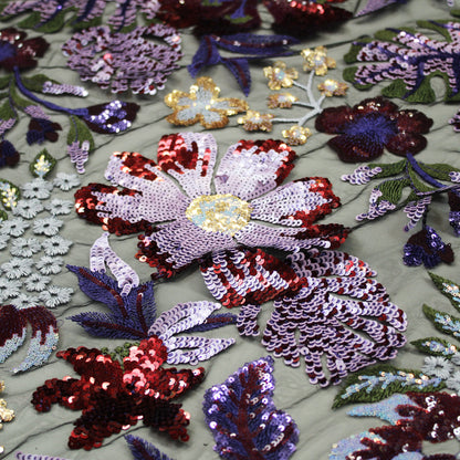 Tulle Ricamato Paillettes con Fiori e Piante Multicolor