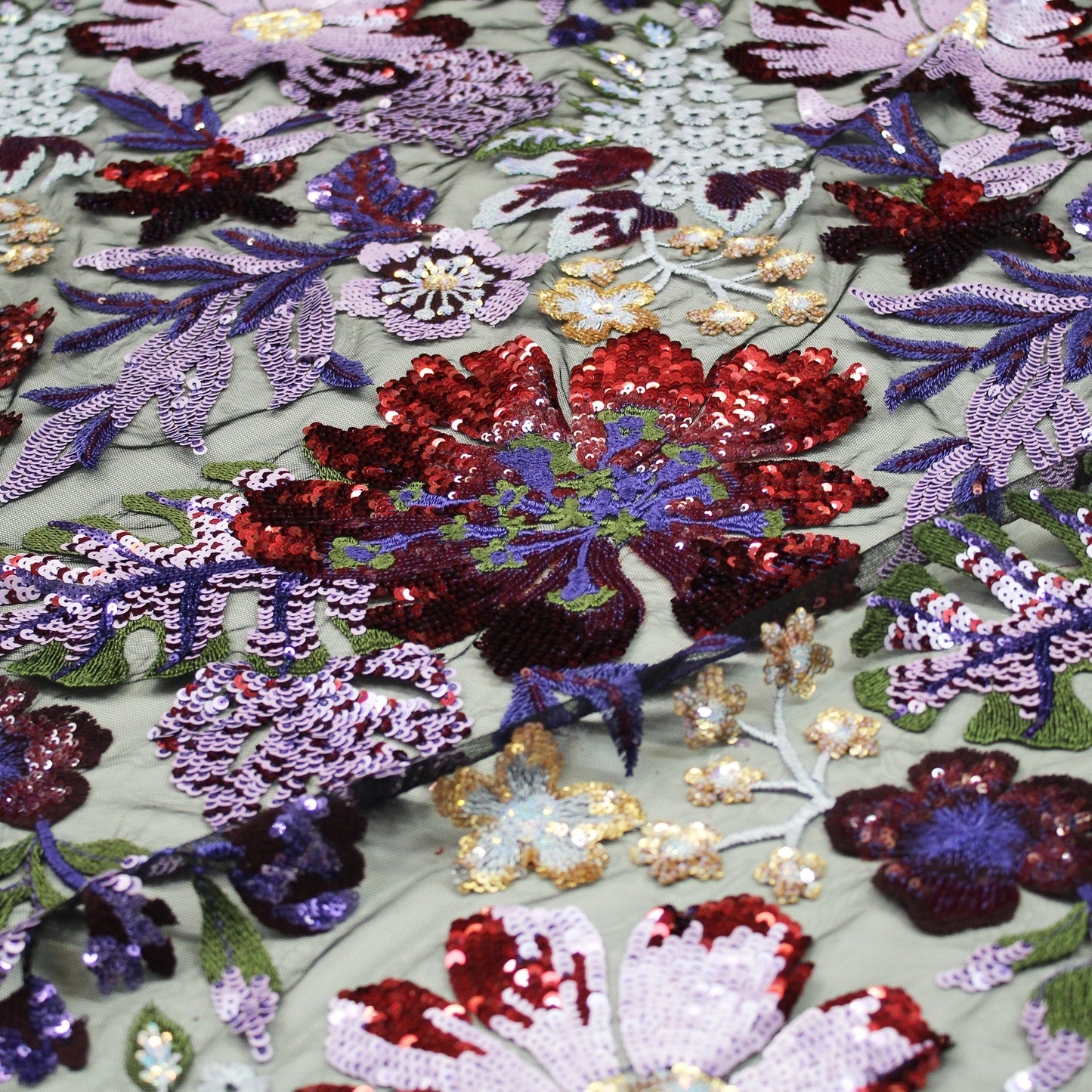 Tulle Ricamato Paillettes con Fiori e Piante Multicolor