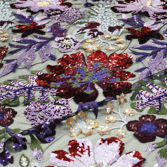 Tulle Ricamato Paillettes con Fiori e Piante Multicolor