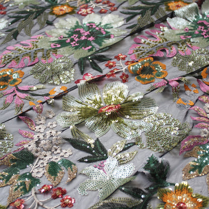 Tulle Ricamato Paillettes con Fiori e Piante Multicolor