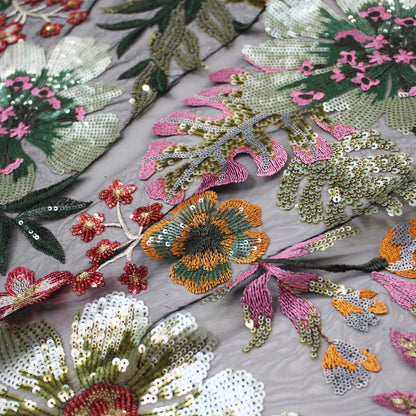 Tulle Ricamato Paillettes con Fiori e Piante Multicolor