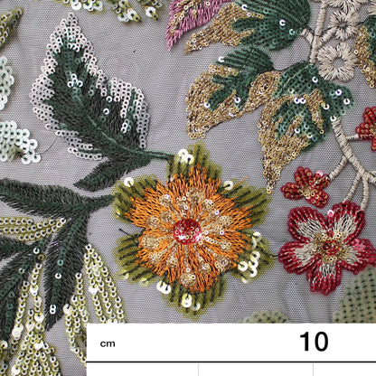 Tulle Ricamato Paillettes con Fiori e Piante Multicolor