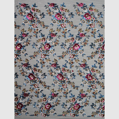 Tulle Ricamato con Paillettes e Mazzi di Fiori