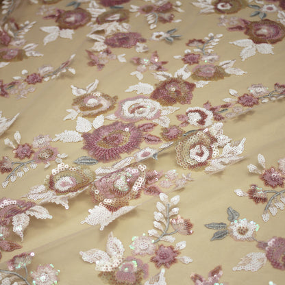 Tulle Ricamato con Paillettes e Mazzi di Fiori