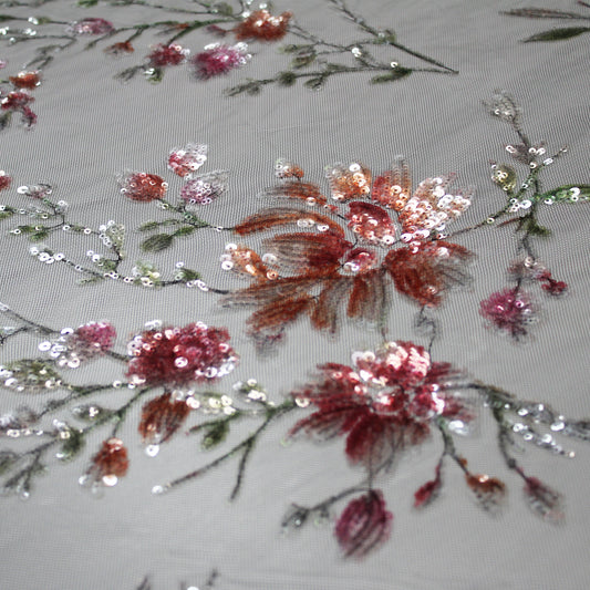 Tulle Ricamato con Paillettes e Ricami Fiori