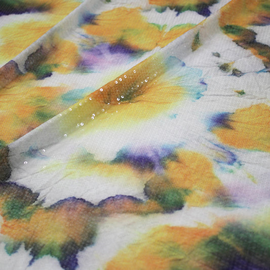 Tulle Ricamato Paillettes con Stampa Acquerello Giallo e Viola