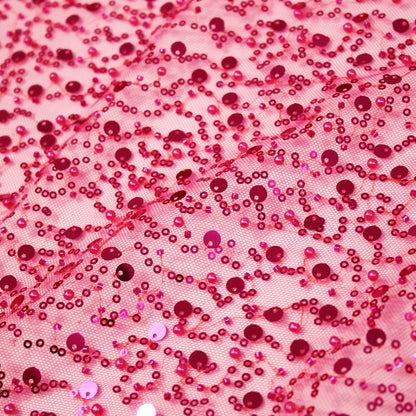 Tulle Ricamato con Perle, Coralli e Paillettes Multiforme a Campo Pieno