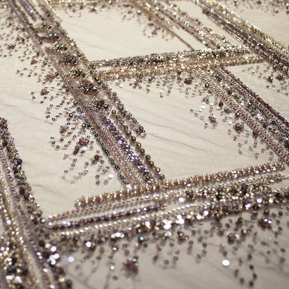 Embroidered Tulle with Beads, Sequins, and Geometric Pattern