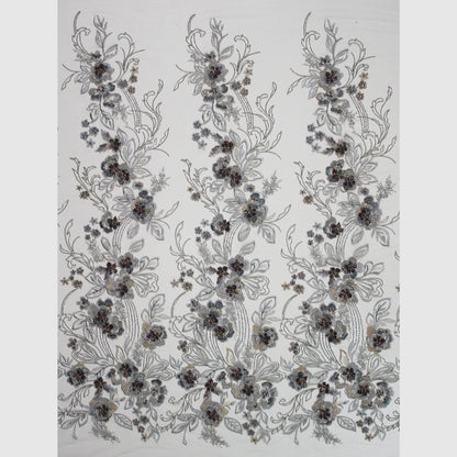 Embroidered Tulle with 3D Floral Petals, Paillettes, Beads, and Corals