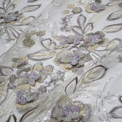 Embroidered Tulle with 3D Floral Petals, Paillettes, Beads, and Corals
