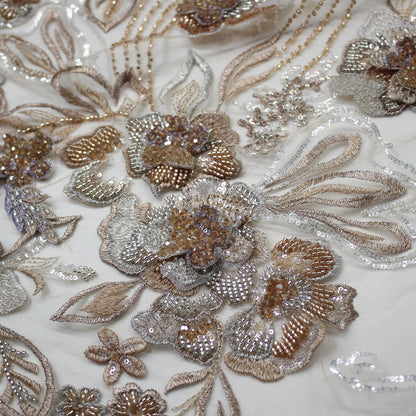 Embroidered Tulle with 3D Floral Petals, Paillettes, Beads, and Corals