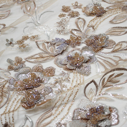 Embroidered Tulle with 3D Floral Petals, Paillettes, Beads, and Corals
