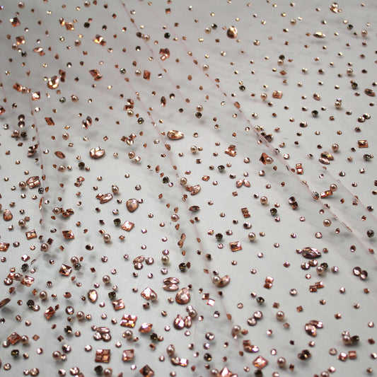 Tulle Ricamato con Pietre Multiforme, Strass e Perline Effetto Degradè