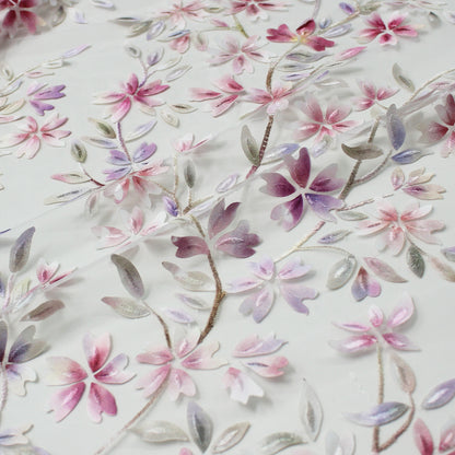 Embroidered Tulle with Branches and Organza Printed Flower Petals