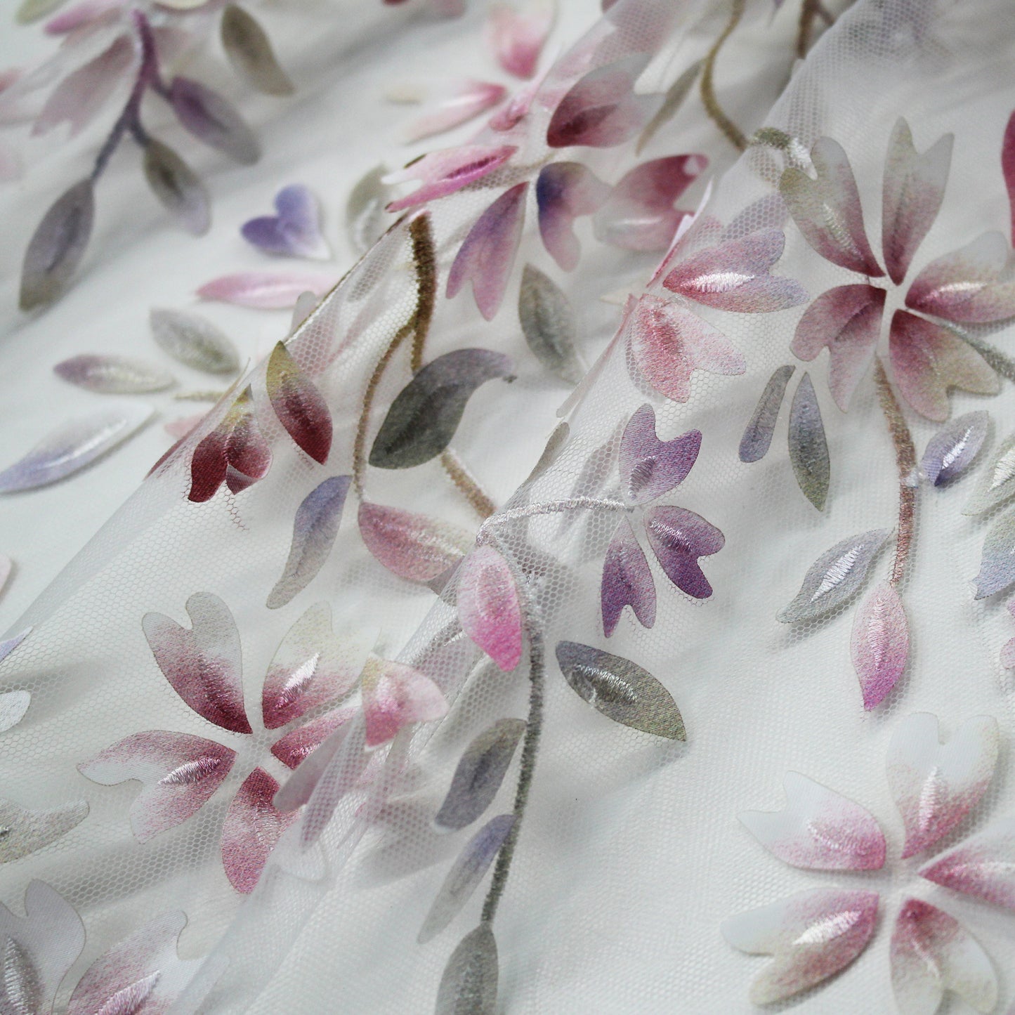 Embroidered Tulle with Branches and Organza Printed Flower Petals
