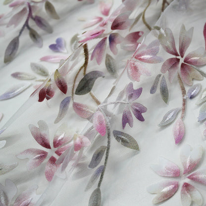 Embroidered Tulle with Branches and Organza Printed Flower Petals