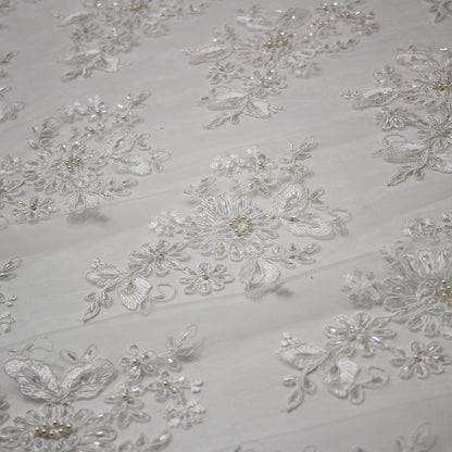 Double Borded Rebrodé Embroidered Tulle with Corals and Cutwork Embroidery for Applications